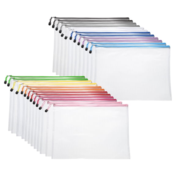 Uxcell 12pcs Mesh Zipper Pouch Bags B4 15" x 11" Plastic Waterproof Mesh File Bag Clear Document Zipper Pouches for Classroom Home Travel Office Supplies Organization, 12 Colors