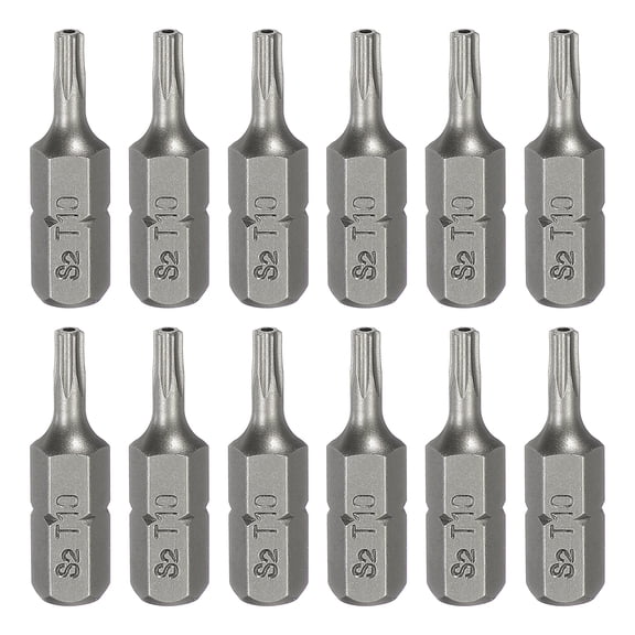 Uxcell 12pcs T10 Torx Screwdriver Bit 1/4" Hex Shank 25mm/1" Length S2 Steel Star 6 Point Head Hex Security Screw Driver Bits with Hole for Impact Electric Screw Driver Power Tools, Grey