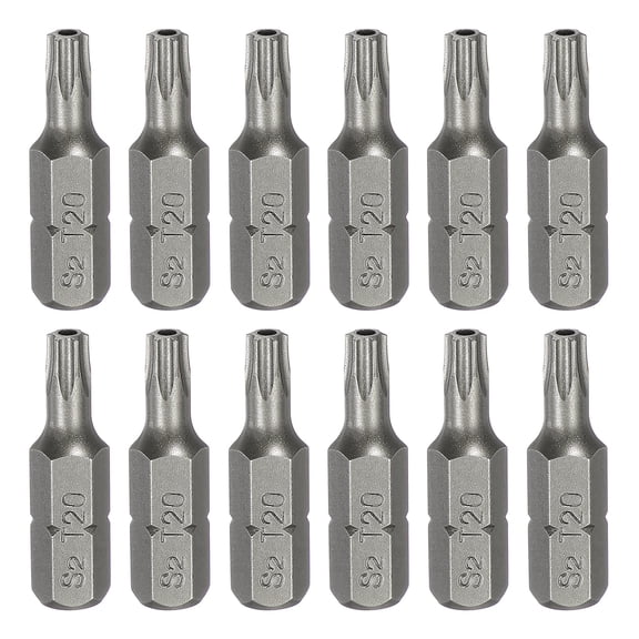 Uxcell 12pcs T20 Torx Screwdriver Bit 1/4" Hex Shank 25mm/1" Length S2 Steel Star 6 Point Head Hex Security Screw Driver Bits with Hole for Impact Electric Screw Driver Power Tools, Grey