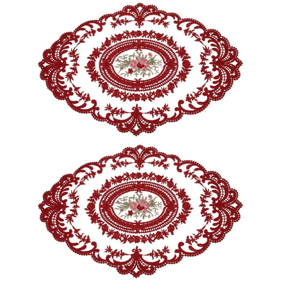 Uxcell 12.2 x 16.5 inch Retro Lace Placemat Oval French Crochet Doilies Coasters Dark Red