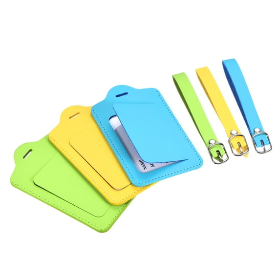 Uxcell 12x7cm Luggage Tag PU Holders Baggage Label Identifier with Straps Green Blue Yellow 3 Pack
