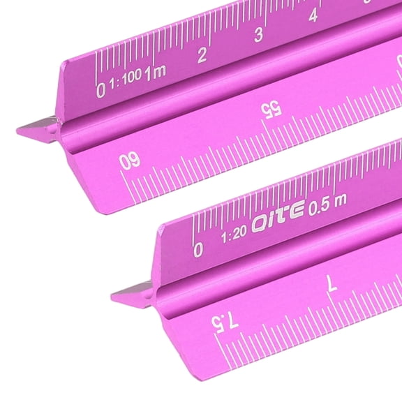 Uxcell 13 Inch Metric Engineer Scale Ruler, 2 Pcs Architectural Scale Ruler Aluminum Triangular Civil Drafting Tool for Architect Blueprint Engineering Office Supplies, Rose Red