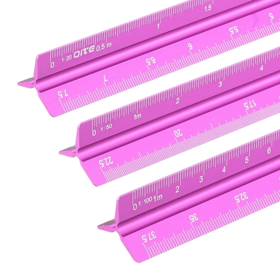 Uxcell 13 Inch Metric Engineer Scale Ruler, Architectural Scale Rulers Aluminum Triangular Civil Drafting Tool for Architect Blueprint Engineering Office Supplies, Rose Red