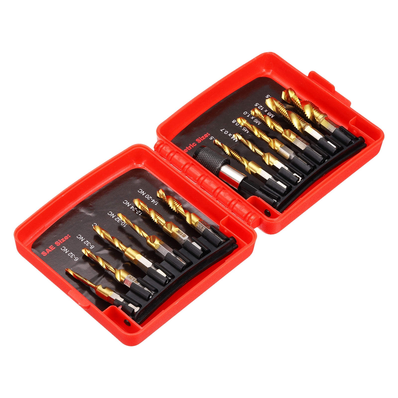 Uxcell 13 Pieces Combination Drill and Tap Bit Set, SAE 6-32NC to 1/4-20NC Metric M3 to M10 Taps Ti-Coated with Adapter