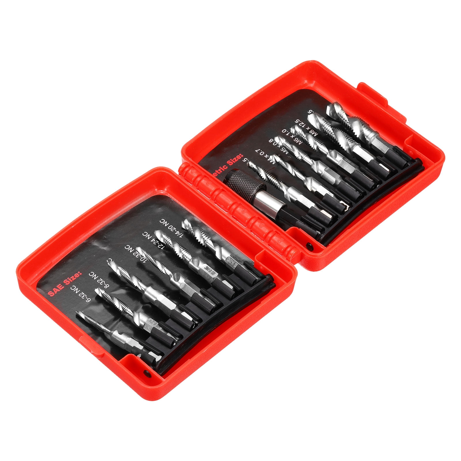 Uxcell 13 Pieces Combination Drill and Tap Bit Set, SAE 6-32NC to 1/4-20NC Metric M3 to M10 Thread Taps with Adapter