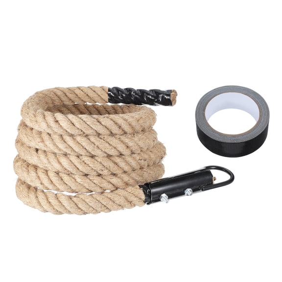 Uxcell 13ft x 1.5 Inch Heavy Jute Battle Rope Fitness Training Gym Climbing Rope with Black Metal Hook for Strength Training Exercise Workout