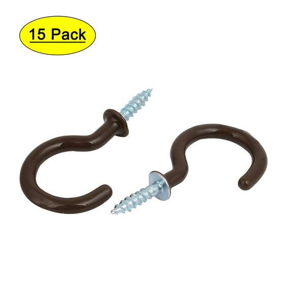 Uxcell 13mm Opening Width 46mm Length Vinyl Coated Ceiling Cup Screw Hook Brown 15pcs
