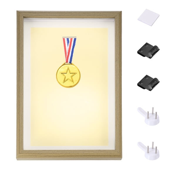 Uxcell 13x9" Shadow Box Frame, Vertical Wooden Medal Display Case Shadow Box with 2 Push Pins Hook 1 Adhesive for Wall Tabletop Display Tickets Photos Race Soccer Medal, Wood Color