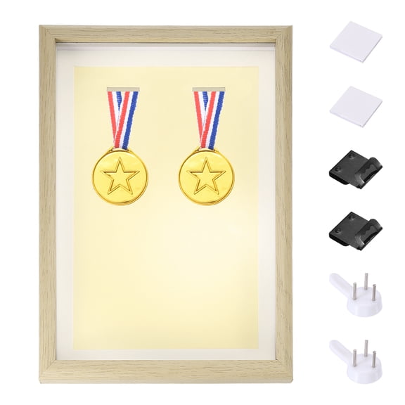 Uxcell 13x9" Shadow Box Frame, Vertical Wooden Medal Display Case Shadow Box with 2 Push Pins Hook 2 Adhesive for Wall Tabletop Display Tickets Photos Race Soccer Medal, White