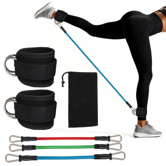 Uxcell 14 Inch Ankle Resistance Bands with Cuffs, 1 Set Ankle Weights Bands with Resistance Ropes Bag for Home Gym Workout Back Kicks Glute Bridges Yoga Strength Training, Black