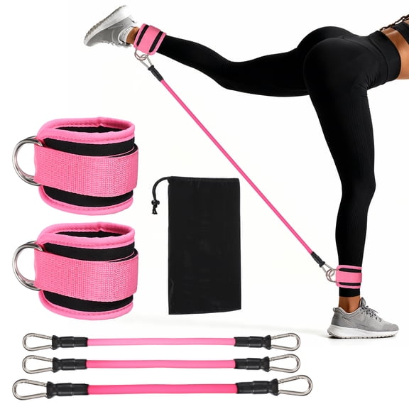 Uxcell 14 Inch Ankle Resistance Bands with Cuffs, 1 Set Ankle Weights Bands with Resistance Ropes Bag for Home Gym Workout Back Kicks Glute Bridges Yoga Strength Training, Pink