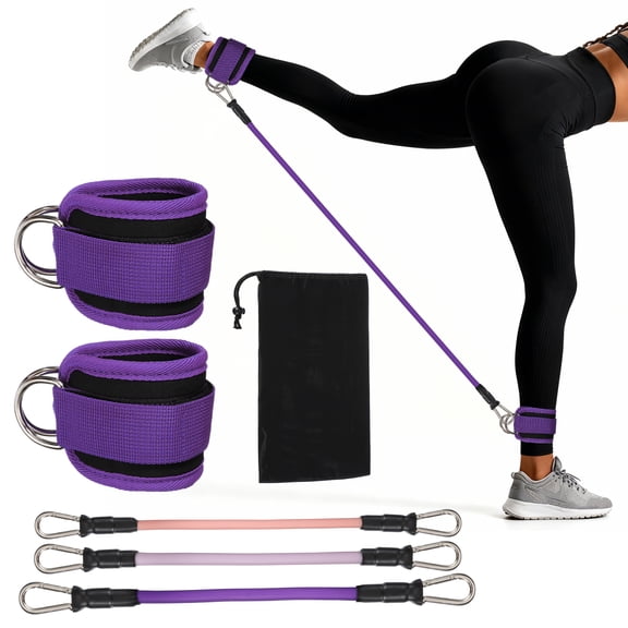 Uxcell 14 Inch Ankle Resistance Bands with Cuffs, 1 Set Ankle Weights Bands with Resistance Ropes Bag for Home Gym Workout Back Kicks Glute Bridges Yoga Strength Training, Black Purple