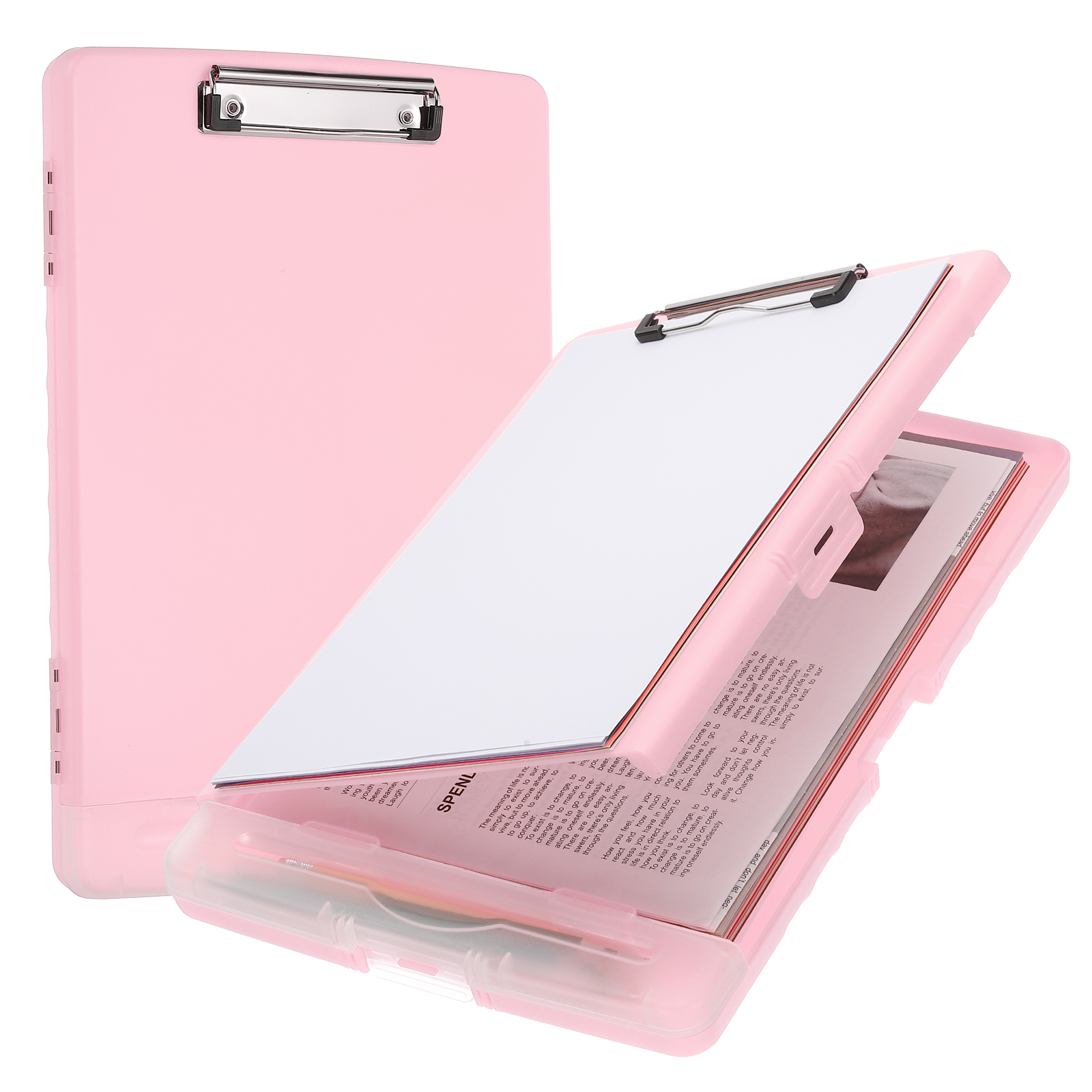 Uxcell 14'' x 10'' Metal Clipboard with Plastic Storage Large Capacity Clipboards Case for Writing Pink