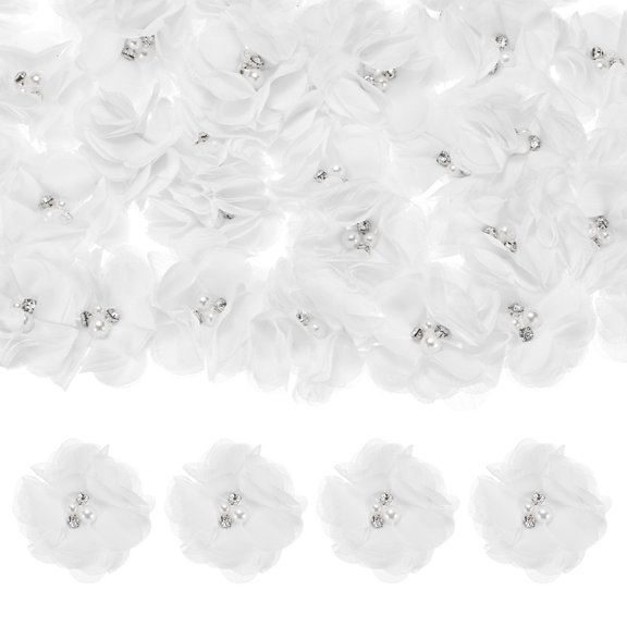 Uxcell 15-Pack Rhinestone Pearl Chiffon Flowers 2.17 x 2.17 Inch Mesh Fabric Flowers for Home Decor and DIY White