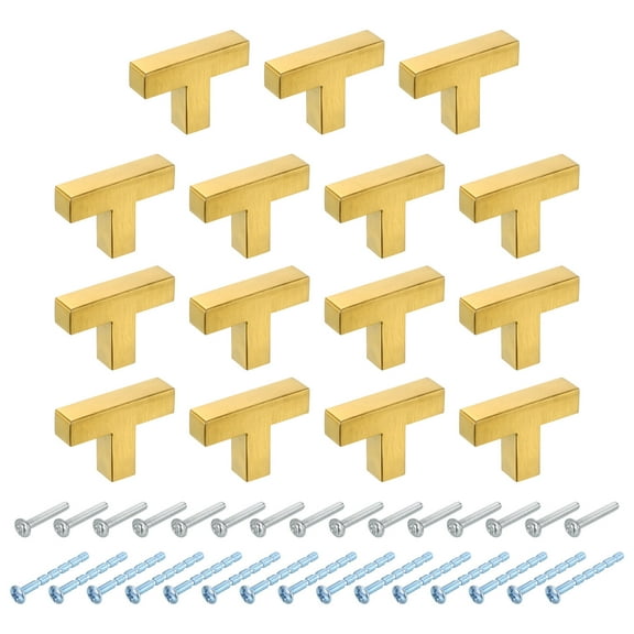Uxcell 15 Pack Single Hole Cabinet Handles, 2"/50mm Square Bar Cabinet Knobs Stainless Steel Dresser Knobs t Bar Drawer Pulls for Cabinet Hardware, Gold