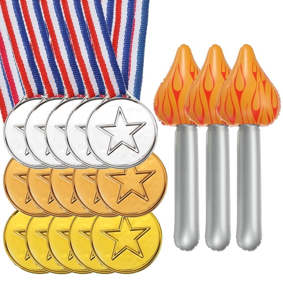 Uxcell 15 Pcs 1.5" Plastic Gold Silver Bronze Medals with Star & 3 Pcs Inflatable Torch Props