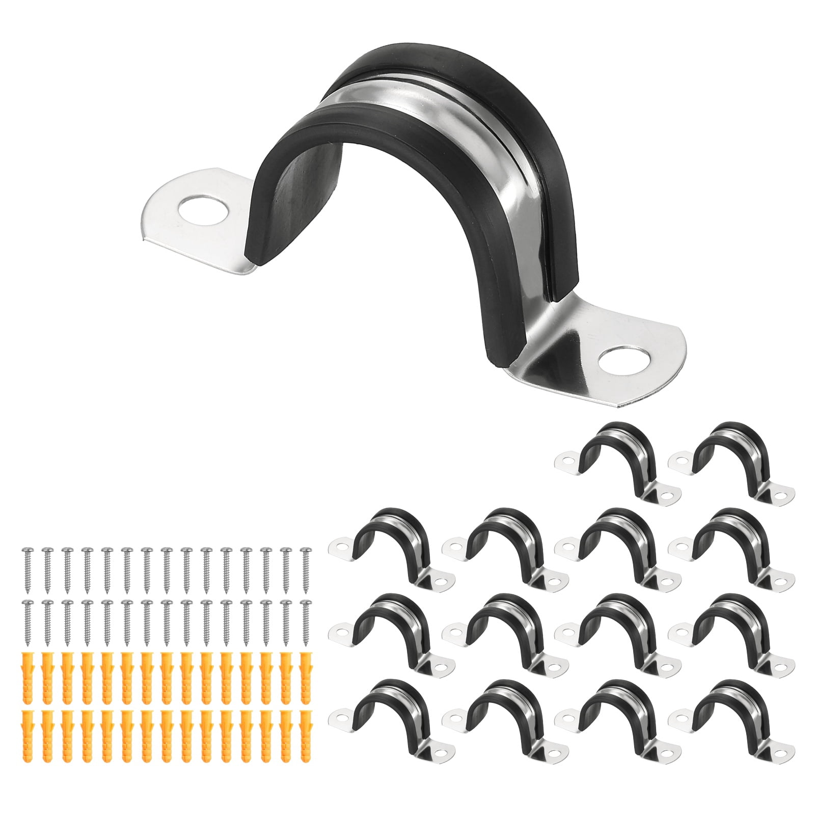 Uxcell 15 Pcs Pipe Strap Clamp, 27mm(1.06") Rubber Cable Clamp Rubber Cushioned 304 Stainless Steel U Bracket Tube Holder Support with Screws for Water Pipe HVAC Cable Management