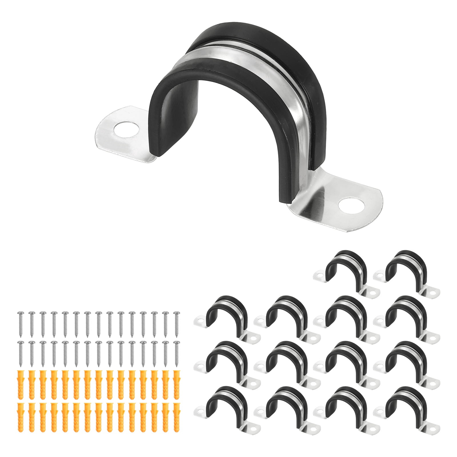 Uxcell 15 Pcs Pipe Strap Clamp, 32mm(1.26") Rubber Cable Clamp Rubber Cushioned 304 Stainless Steel U Bracket Tube Holder Support with Screws for Water Pipe HVAC Cable Management