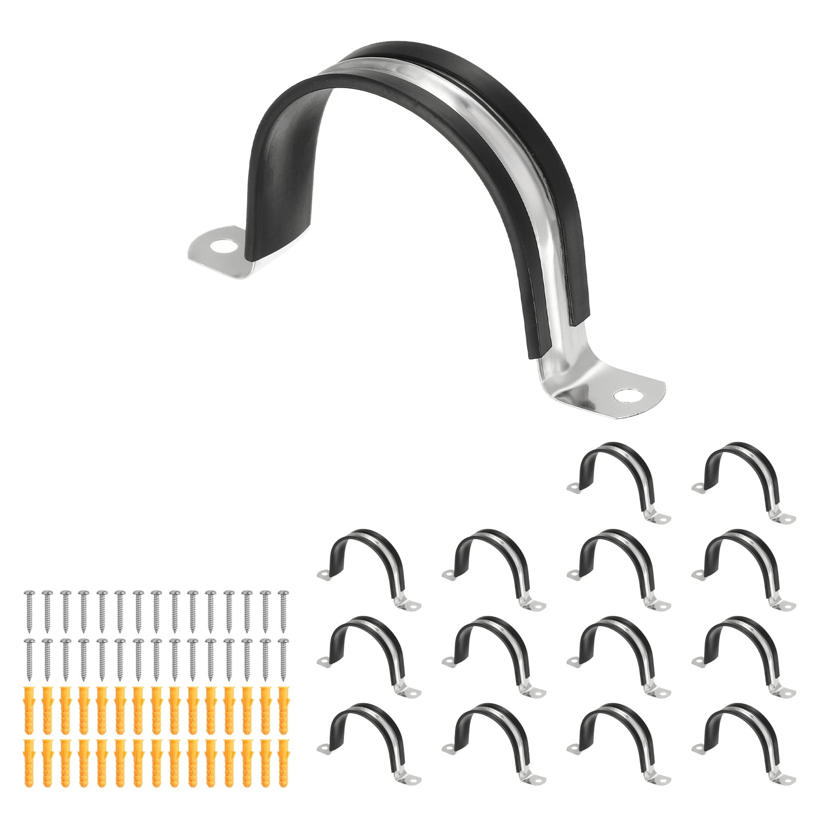 Uxcell 15 Pcs Pipe Strap Clamp, 63mm(2.48") Rubber Cable Clamp Rubber Cushioned 304 Stainless Steel U Bracket Tube Holder Support with Screws for Water Pipe HVAC Cable Management