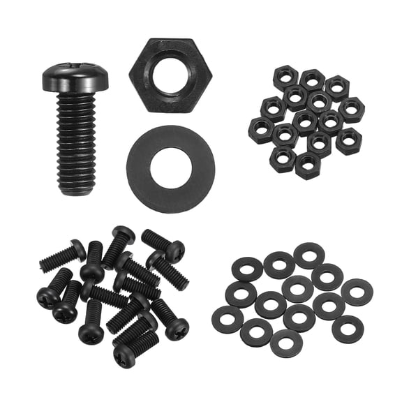 Uxcell 15 Set M6x15mm Nylon Plastic Cross Round Head Screw Phillips Bolts Hex Nuts Flat Washers Assortment Kit, Metric Full Thread Bolt Fasteners for DIY Machine Assembly, Black