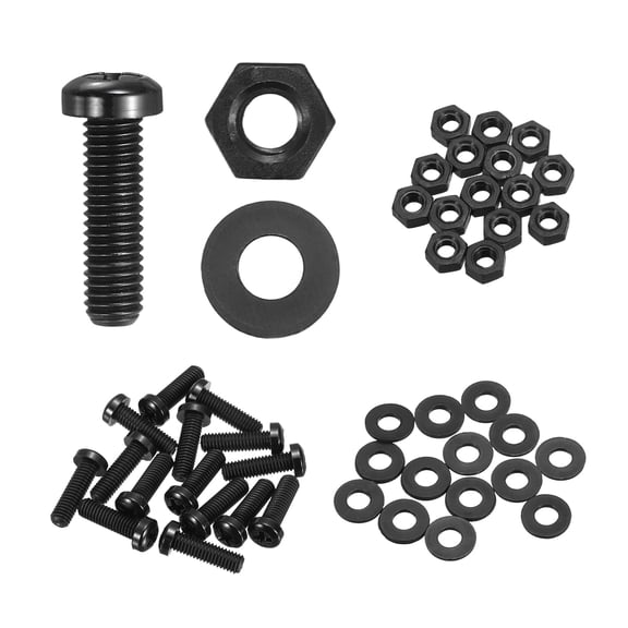 Uxcell 15 Set M6x20mm Nylon Plastic Cross Round Head Screw Phillips Bolts Hex Nuts Flat Washers Assortment Kit, Metric Full Thread Bolt Fasteners for DIY Machine Assembly, Black