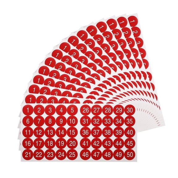 Uxcell 15 Sheets Round Number Stickers, 1-50 Consecutive Number Label, Red(1.5" Each)