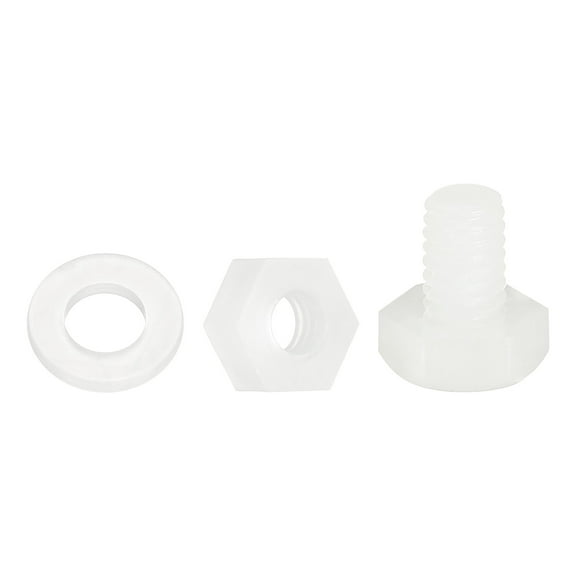 Uxcell 150 Pack/50 Sets Nylon Hex Bolts, M4 x 6mm Plastic Full Threaded Hex Head Screws Bolts and Nuts with Flat Washers for Machinery Electronics Industrial Accessories, White