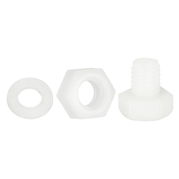 Uxcell 150 Pack/50 Sets Nylon Hex Bolts, M8 x 10mm Plastic Full Threaded Hex Head Screws Bolts and Nuts with Flat Washers for Machinery Electronics Industrial Accessories, White