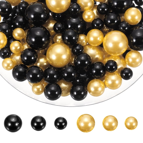 Uxcell 150 Pcs Pearl Bead for Vase Filler, 20/14/10mm Faux Pearl Floating Beads Makeup NO Hole for Candles Centerpieces Table Scatter Wedding Home Decoration(Black Yellow)
