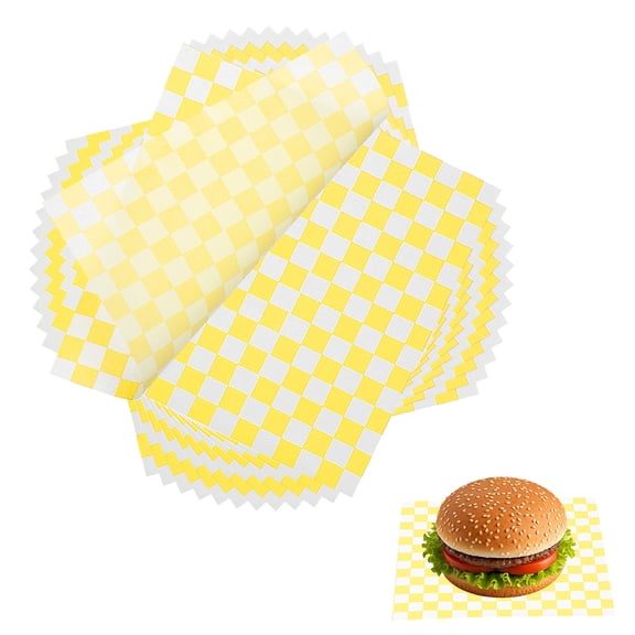 Uxcell 150 Pcs Wax Paper Sheets for Food, 7 x 7 Inch Greaseproof Wrapping Paper Sheets, Checkered Square Food Basket Liners for Sandwich Hamburger Bread, Yellow