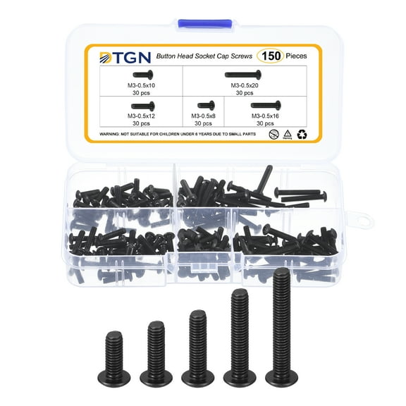 Uxcell 150Pack M3-0.5x8/10/12/16/20mm Button Head Socket Cap Screws - Carbon Steel Bolt Nut Set Washer Assortment Kit - Good for Road Bicycle, Mountain Bike, Auto