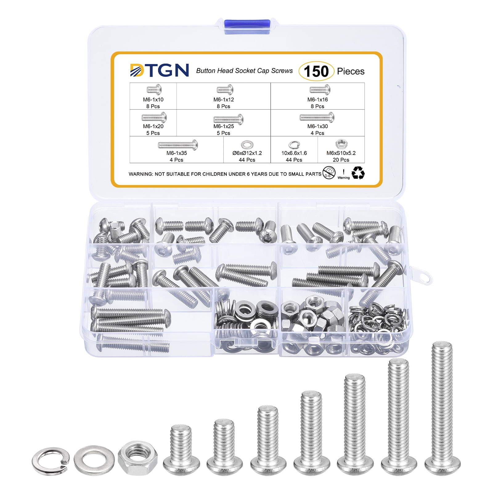 Uxcell 150Pack M6-1x10/12/16/20/25/30/35mm Button Head Socket Cap Screws - 304 Stainless Steel Bolt Nut Set Washer Assortment Kit - Good for Road Bicycle, Mountain Bike, Auto