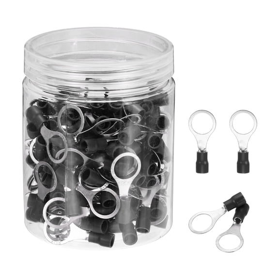 Uxcell 150Pcs Insulated Ring Terminal RV2-10 Battery Lugs 16-14AWG Electrical Crimp Terminals Eyelet Wire Connectors for Industrial, Electrical Wiring, Black