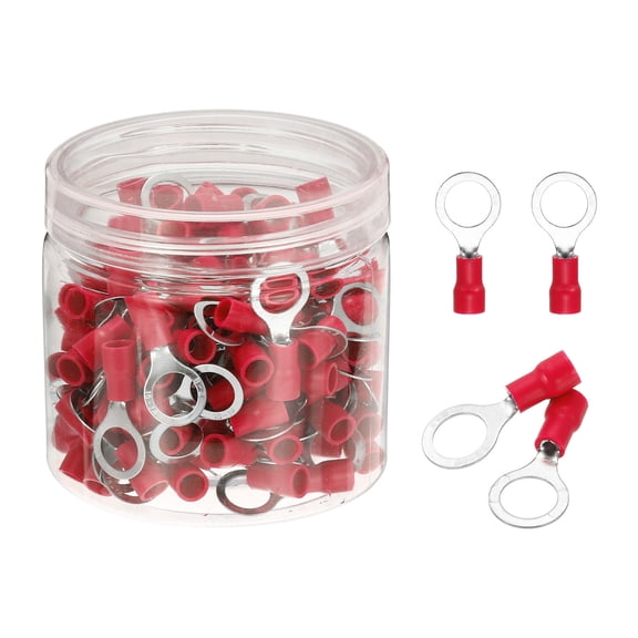 Uxcell 150Pcs Insulated Ring Terminal RV2-8 Battery Lugs 16-14AWG Electrical Crimp Terminals Eyelet Wire Connectors for Industrial, Electrical Wiring, Red