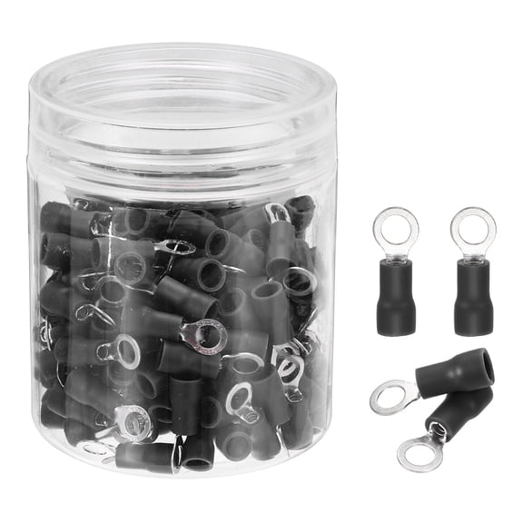 Uxcell 150Pcs Insulated Ring Terminal RVS1.25-4 Battery Lugs 22-16AWG Electrical Crimp Terminals Eyelet Wire Connectors for Industrial, Electrical Wiring, Black