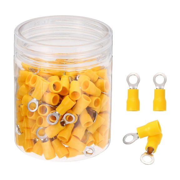 Uxcell 150Pcs Insulated Ring Terminal RVS2-4 Battery Lugs 16-14AWG Electrical Crimp Terminals Eyelet Wire Connectors for Industrial, Electrical Wiring, Yellow