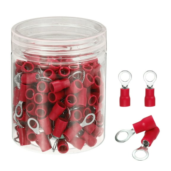 Uxcell 150Pcs Insulated Ring Terminal RVS2-5 Battery Lugs 16-14AWG Electrical Crimp Terminals Eyelet Wire Connectors for Industrial, Electrical Wiring, Red