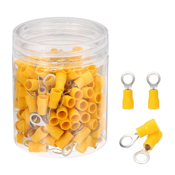 Uxcell 150Pcs Insulated Ring Terminal RVS2-5 Battery Lugs 16-14AWG Electrical Crimp Terminals Eyelet Wire Connectors for Industrial, Electrical Wiring, Yellow