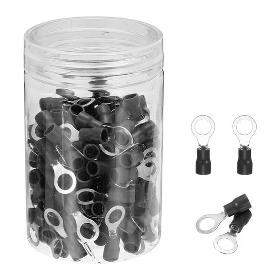 Uxcell 150Pcs Insulated Ring Terminal RVS2-6 Battery Lugs 16-14AWG Electrical Crimp Terminals Eyelet Wire Connectors for Industrial, Electrical Wiring, Black
