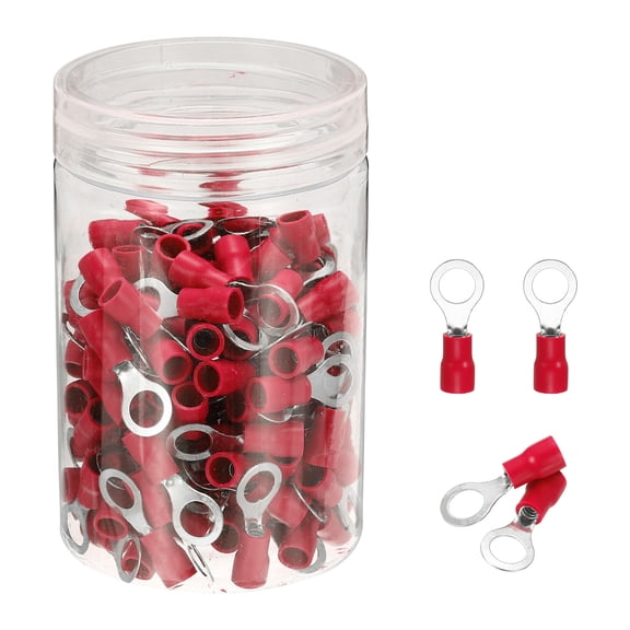 Uxcell 150Pcs Insulated Ring Terminal RVS2-6 Battery Lugs 16-14AWG Electrical Crimp Terminals Eyelet Wire Connectors for Industrial, Electrical Wiring, Red