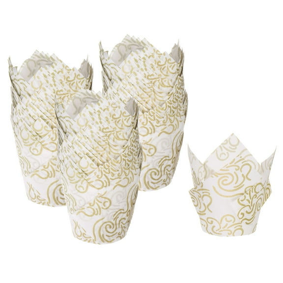 Uxcell 150Pcs Tulip Cupcake Liners Standard Paper Baking Cups Greaseproof Wrapper Disposable White w Gold Wire Pattern