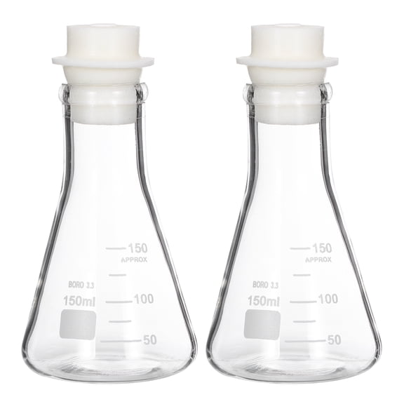 Uxcell 150ml 5.1oz Narrow Mouth Erlenmeyer Flask, 2Pcs 3.3 Borosilicate Glass Conical Flask with Sand Core Silicone Stopper Graduated Flasks Printed Scale for Laboratory, Clear