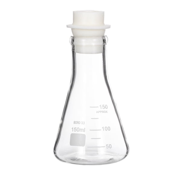 Uxcell 150ml 5.1oz Narrow Mouth Erlenmeyer Flask, 3.3 Borosilicate Glass Conical Flask with Sand Core Silicone Stopper Graduated Flasks Printed Scale for Laboratory, Clear