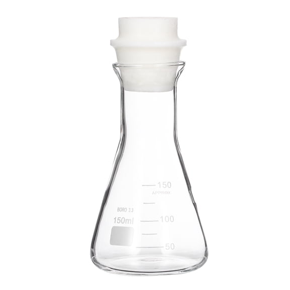 Uxcell 150ml 5.1oz Wide Mouth Erlenmeyer Flask, 3.3 Borosilicate Glass Conical Flask with Sand Core Silicone Stopper Graduated Flasks Printed Scale for Laboratory, Clear