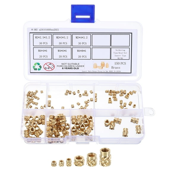 Uxcell 150pcs M2 M4 Metric Threaded Inserts Brass Heat Set Insert Knurled Nuts Assortment Kit, 3D Printing Brass Nuts Female Threaded Inserts Nuts with Heat Set Insert Tips