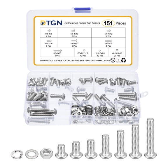 Uxcell 151Pack M6-1x8/10/12/16/20/25/30mm Button Head Socket Cap Screws - 304 Stainless Steel Bolt Nut Set Washer Assortment Kit - Good for Road Bicycle, Mountain Bike, Auto