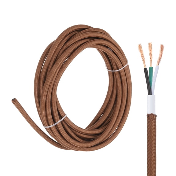 Uxcell 15Ft Cloth Covered Lamp Wire, UL Listed 18AWG 3 Conductor Fabric Vintage Industrial Cord, 300V SVT Braided Electrical Wire for DIY Lamp Parts Lighting Project, Brown