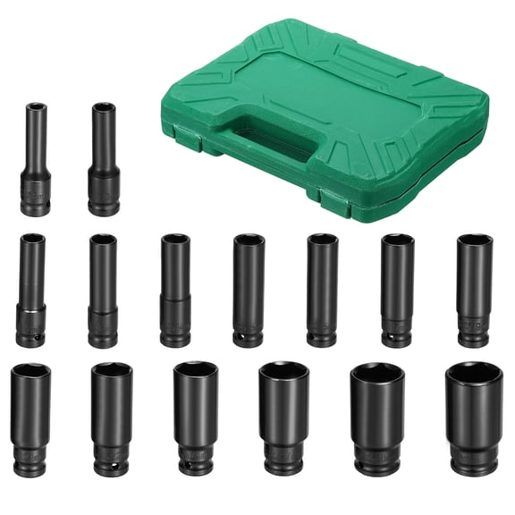 Uxcell 15Pcs 1/2 Inch Drive Deep Impact Socket Set, 6 Point Extra Long Metric (8-32mm) CR-V Steel Spindle Axle Hex Nut Bolt Sockets for Auto Machine Furniture Repair