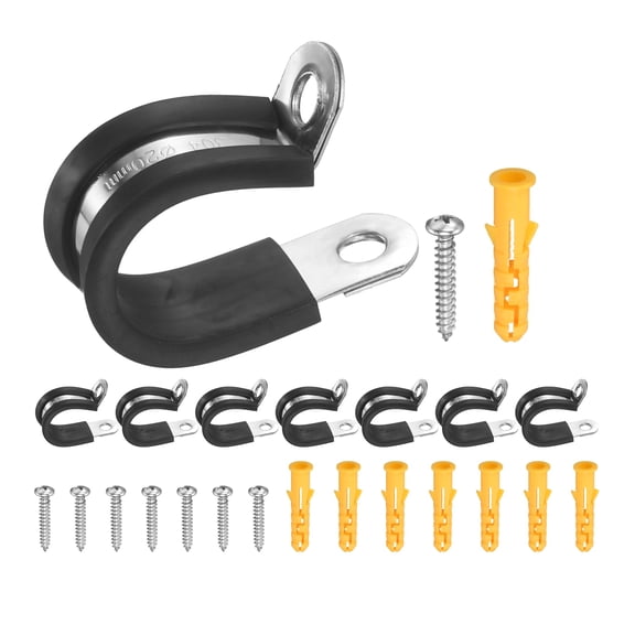 Uxcell 15Pcs 20mm(0.79") Cable Clamps, 304 Stainless Steel R-Type Double Rivet Rubber Cushioned Insulated Hose Clamp, Pipe Conduit Strap Holder Clips for Tube, Wire Cord Installation
