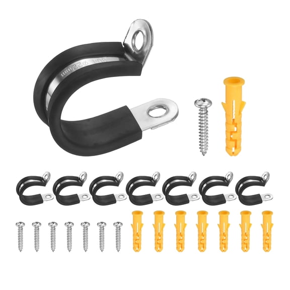 Uxcell 15Pcs 22mm(0.87") Cable Clamps, 304 Stainless Steel R-Type Double Rivet Rubber Cushioned Insulated Hose Clamp, Pipe Conduit Strap Holder Clips for Tube, Wire Cord Installation